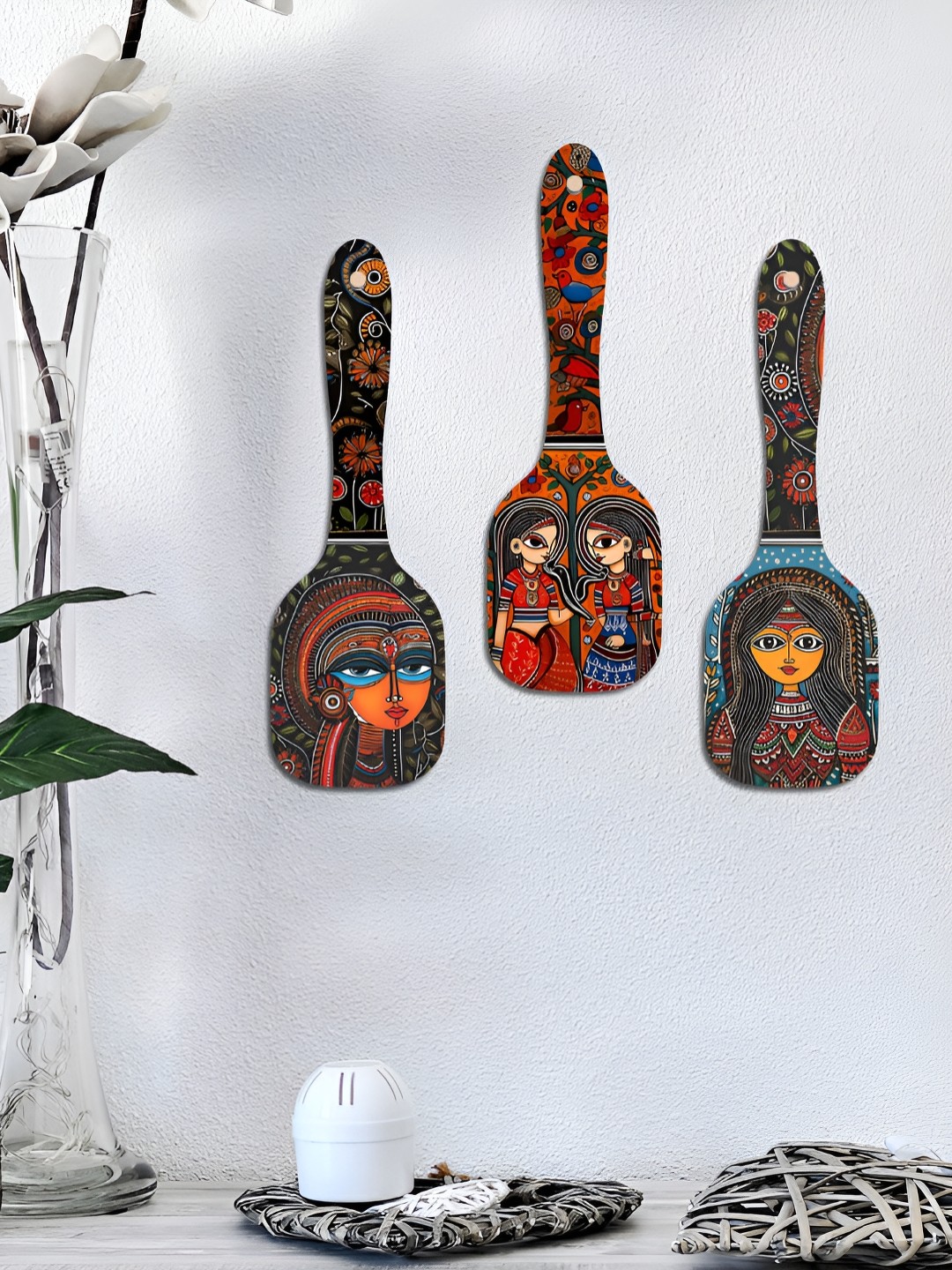 

ArtVibes Orange & Green 3 Pieces Madhubani Women Art Wooden Wall Hangings