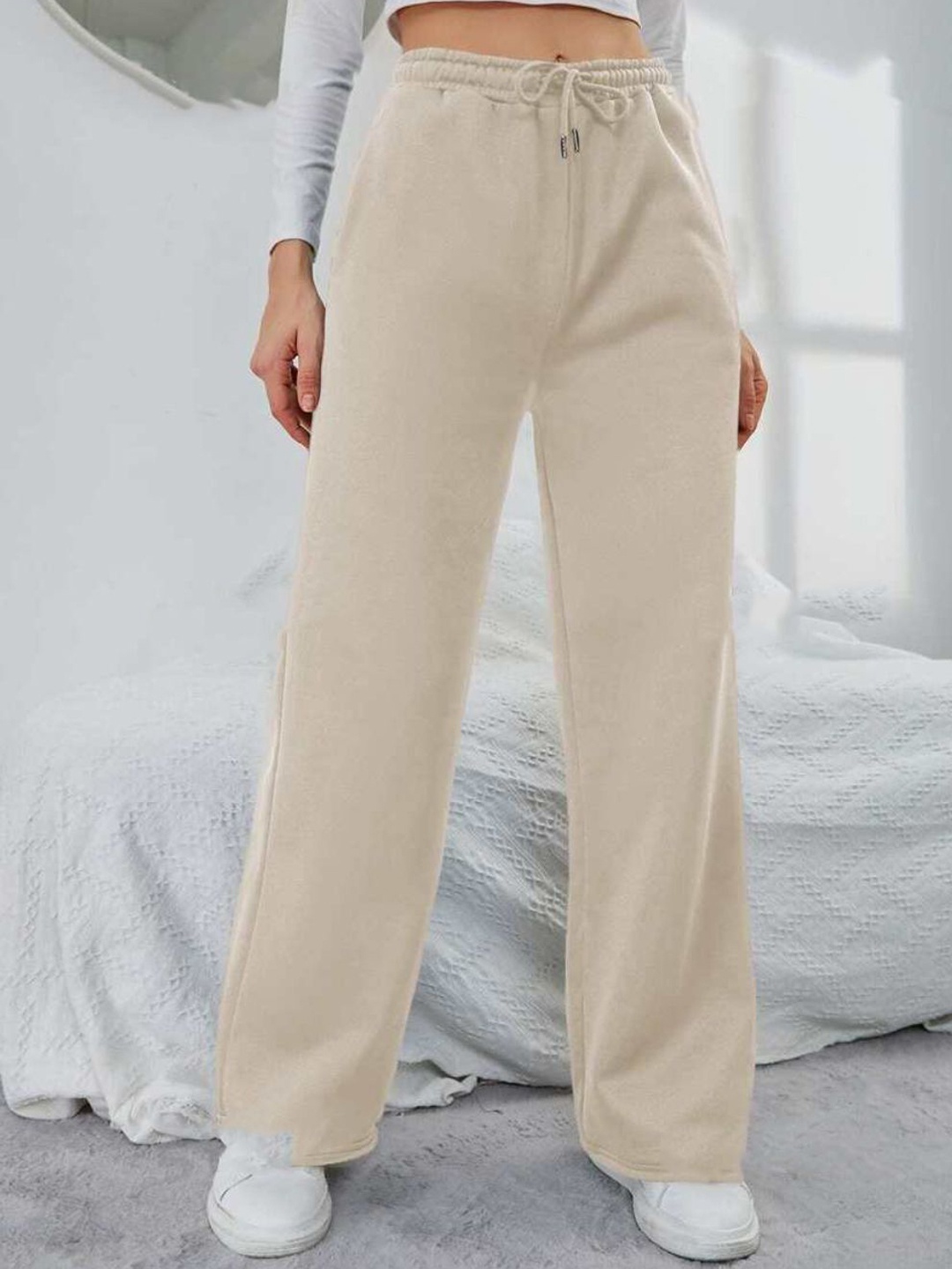 

ADDICTED ATTIRE Women Solid Bell Bottoms Loose Fit Joggers, Beige