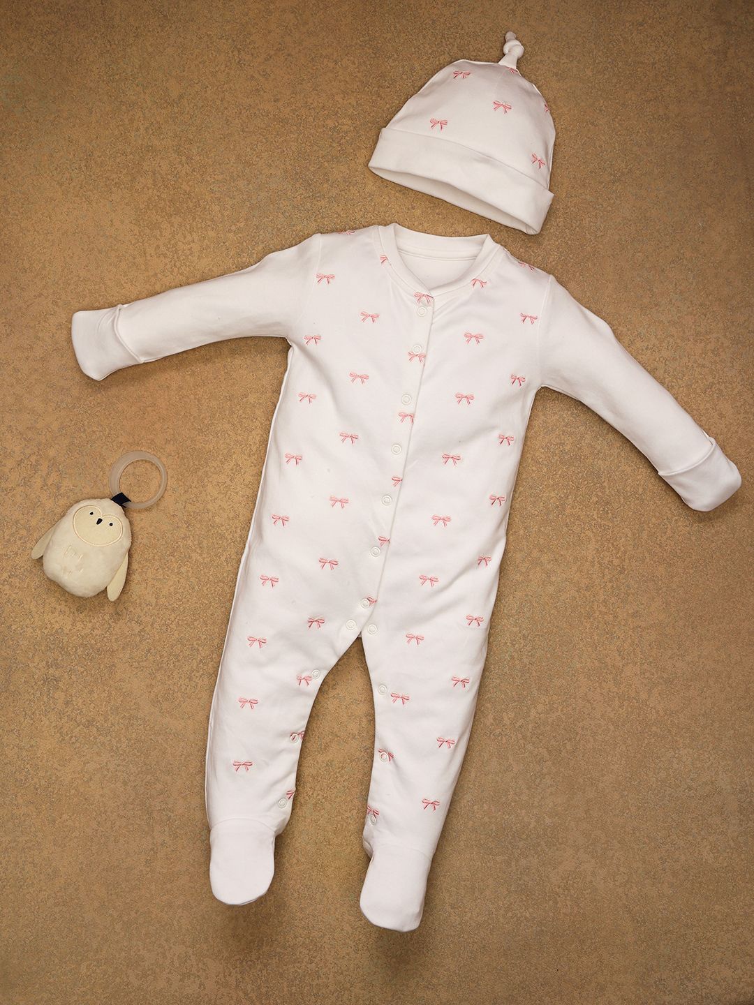 

One Friday Infant Boys Printed Pure Cotton Sleepsuit With Cap, White