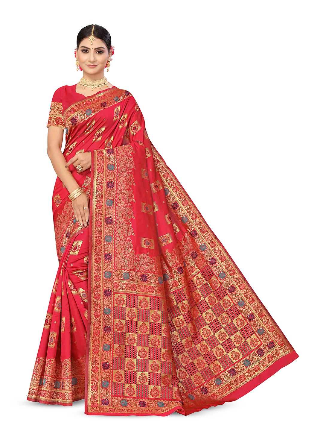 

Maroosh Floral Zari Silk Blend Banarasi Saree with unstitched blouse piece, Pink