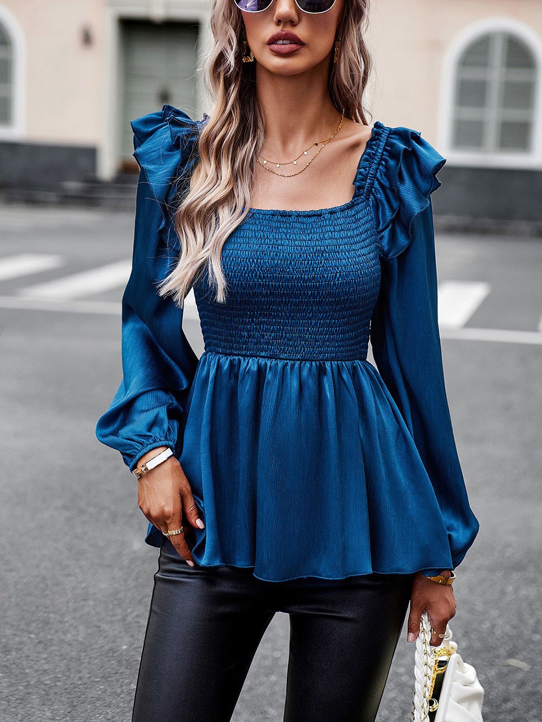 

StyleCast Women Solid Square Neck Satin Top, Blue