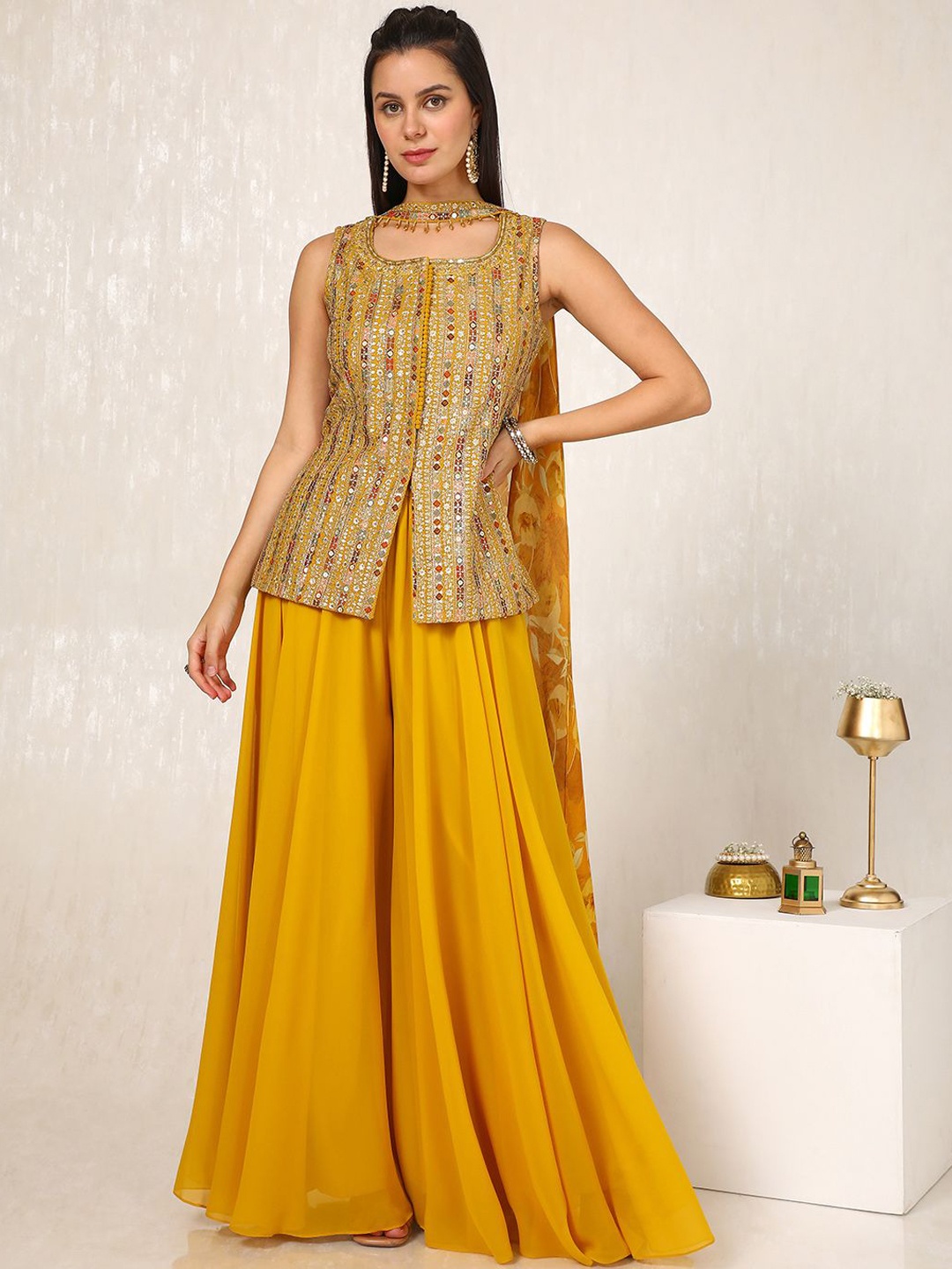 

Soch Ethnic Motifs Embroidered Sequinned Kurti with Palazzos & With Dupatta, Mustard