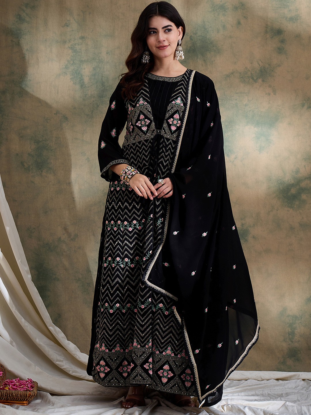 

Miss Ethnik Embroidered Georgette Ethnic Maxi Dress With Jacket & Dupatta, Black