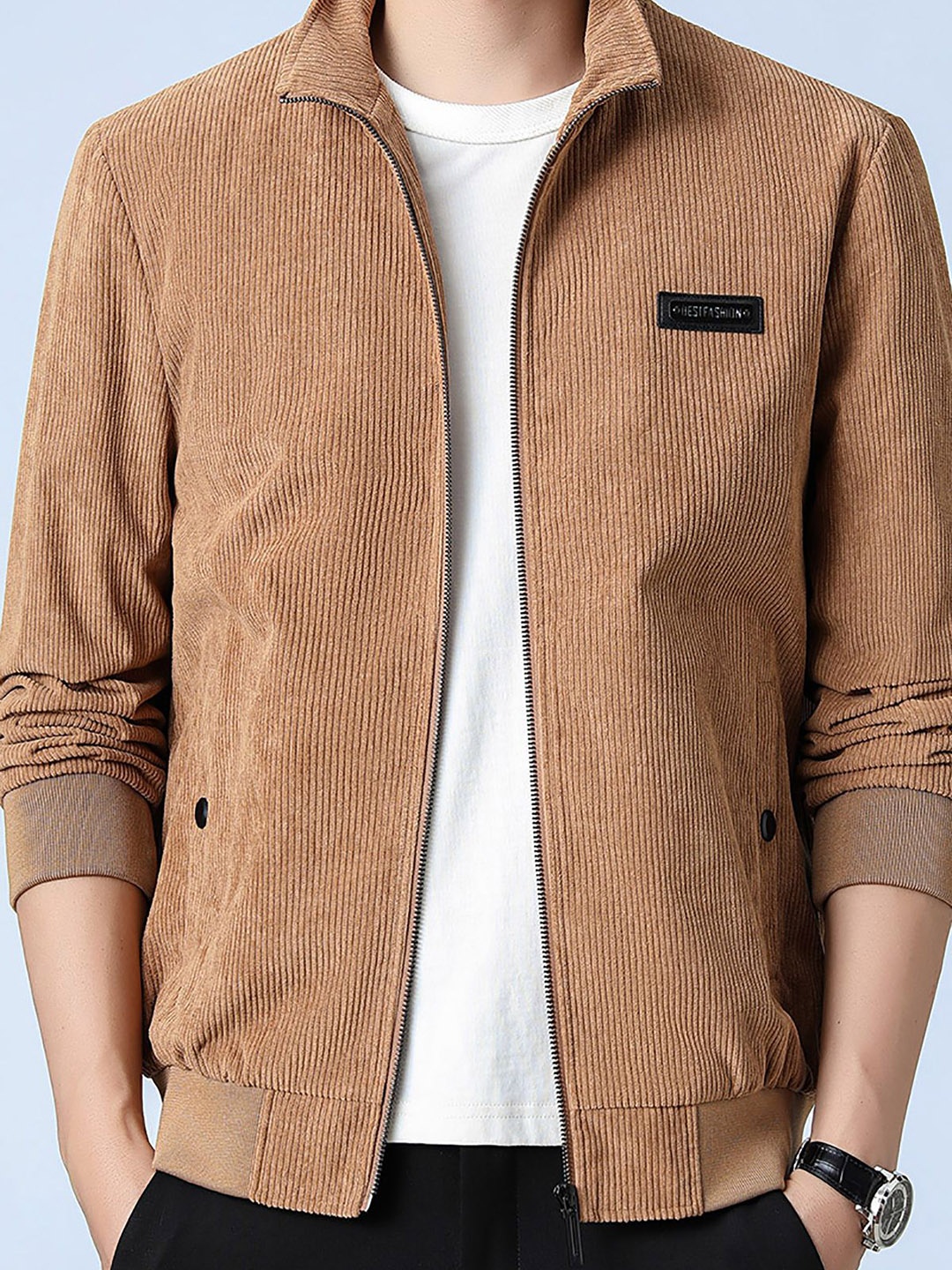 

StyleCast x Revolte Men Mock Collar Self Design Casual Windcheater Jacket, Rust