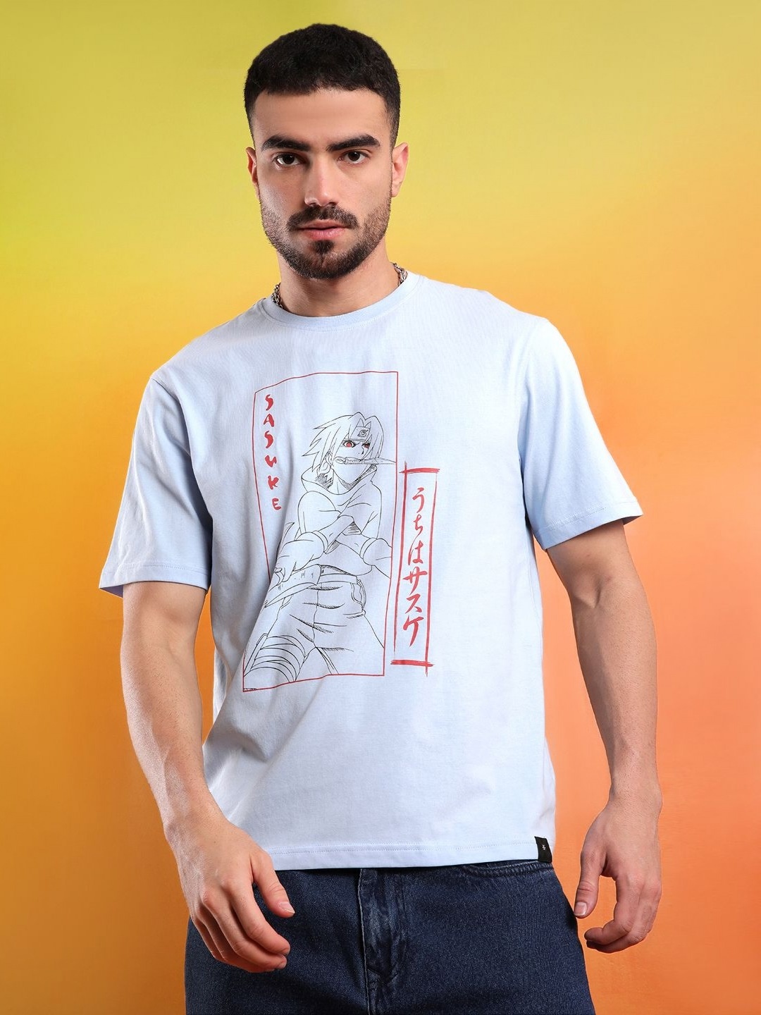

WROGN Men Graphic Printed Round Neck Pure Cotton Relaxed Fit T-shirt, Blue