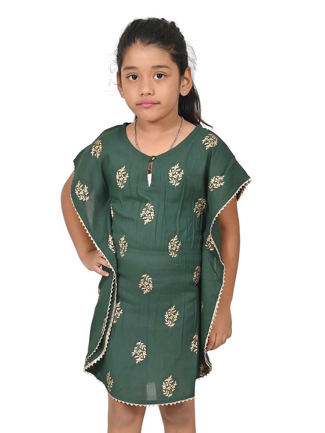 

Cloth Bites Girls Conversational Printed Kaftan Longline Top, Green