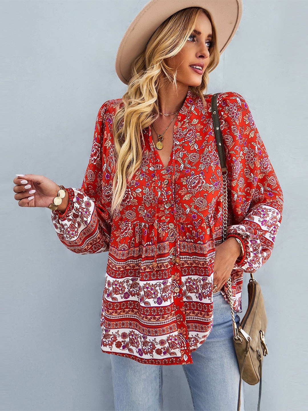 

StyleCast Women Floral Printed Mandarin Collar Top, Red