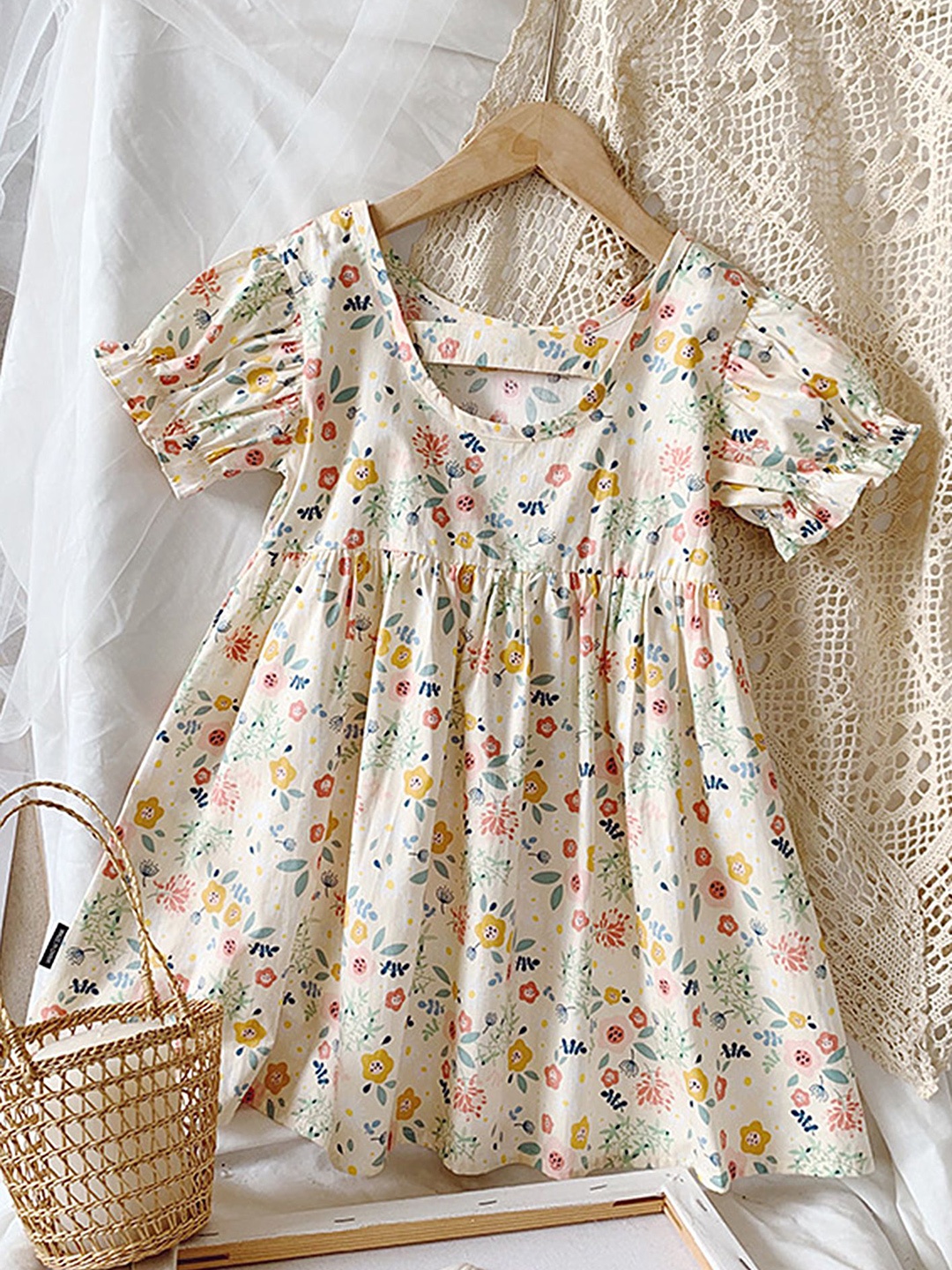 

LULU & SKY Floral Print cotton Flared Sleeve Blouson Dress, White