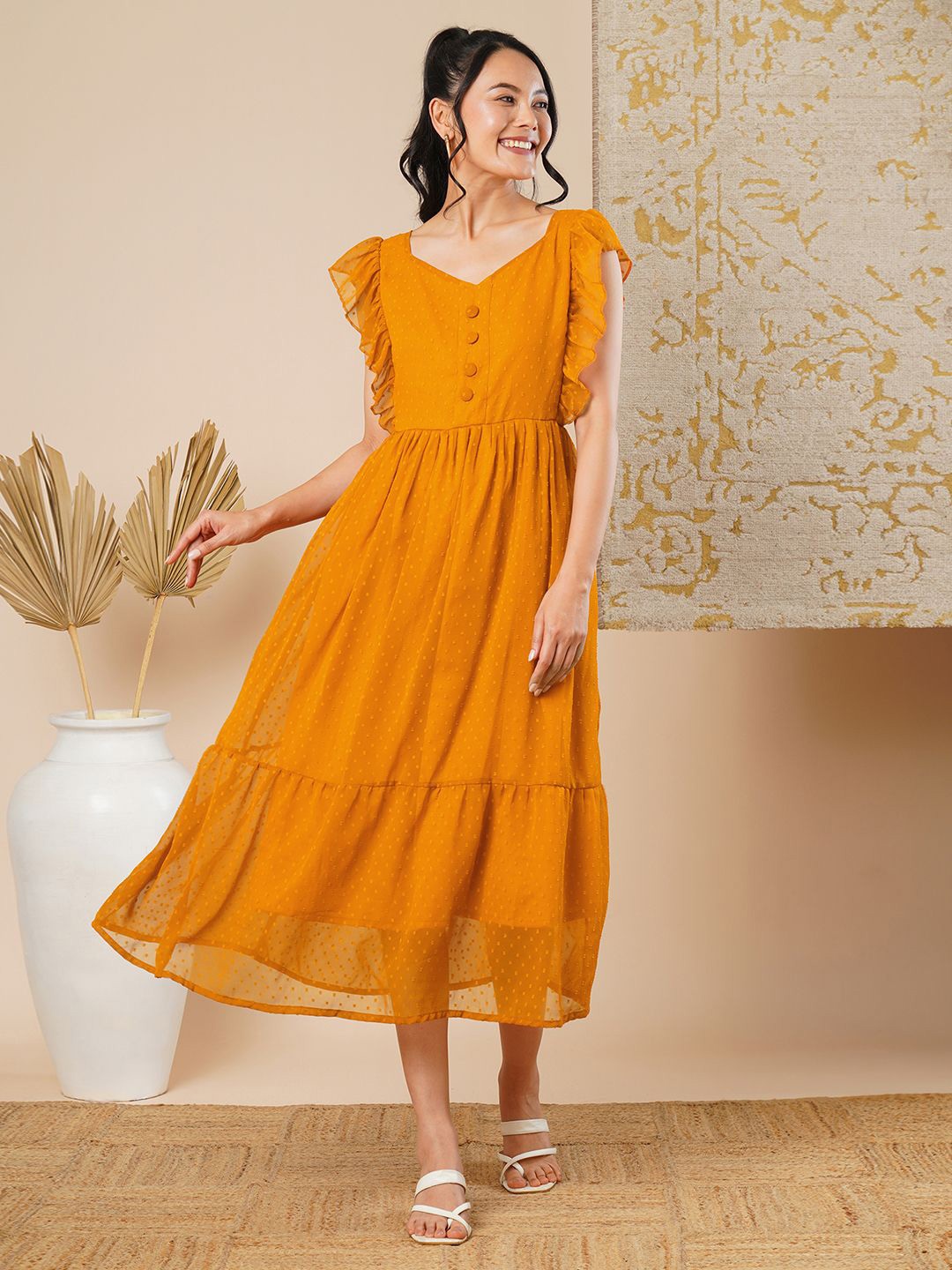 

CARTYSHOP Georgette Fit & Flare Midi Dress, Mustard