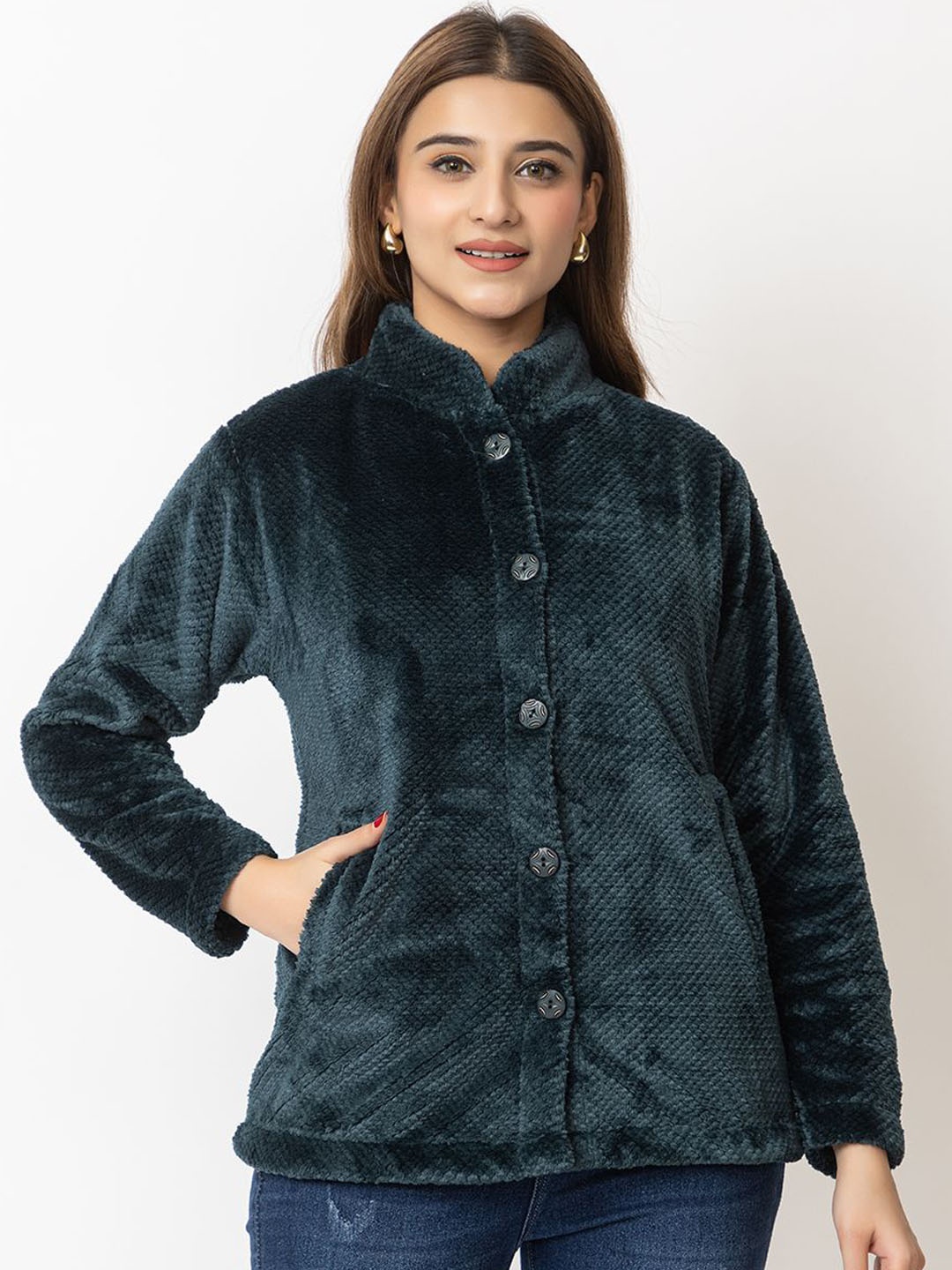 

LO G LO Women Stand Collar Self Design Casual Open Front Jacket, Green