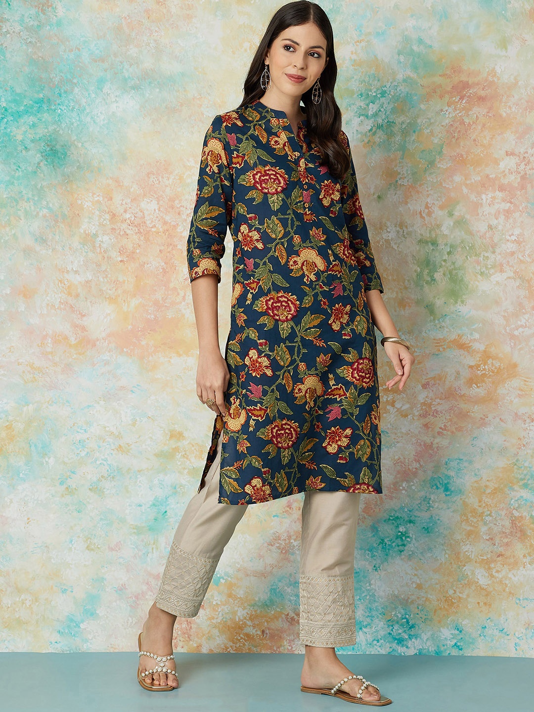 

Melange by Lifestyle Women Floral Printed Flared Sleeves Kurta, Blue