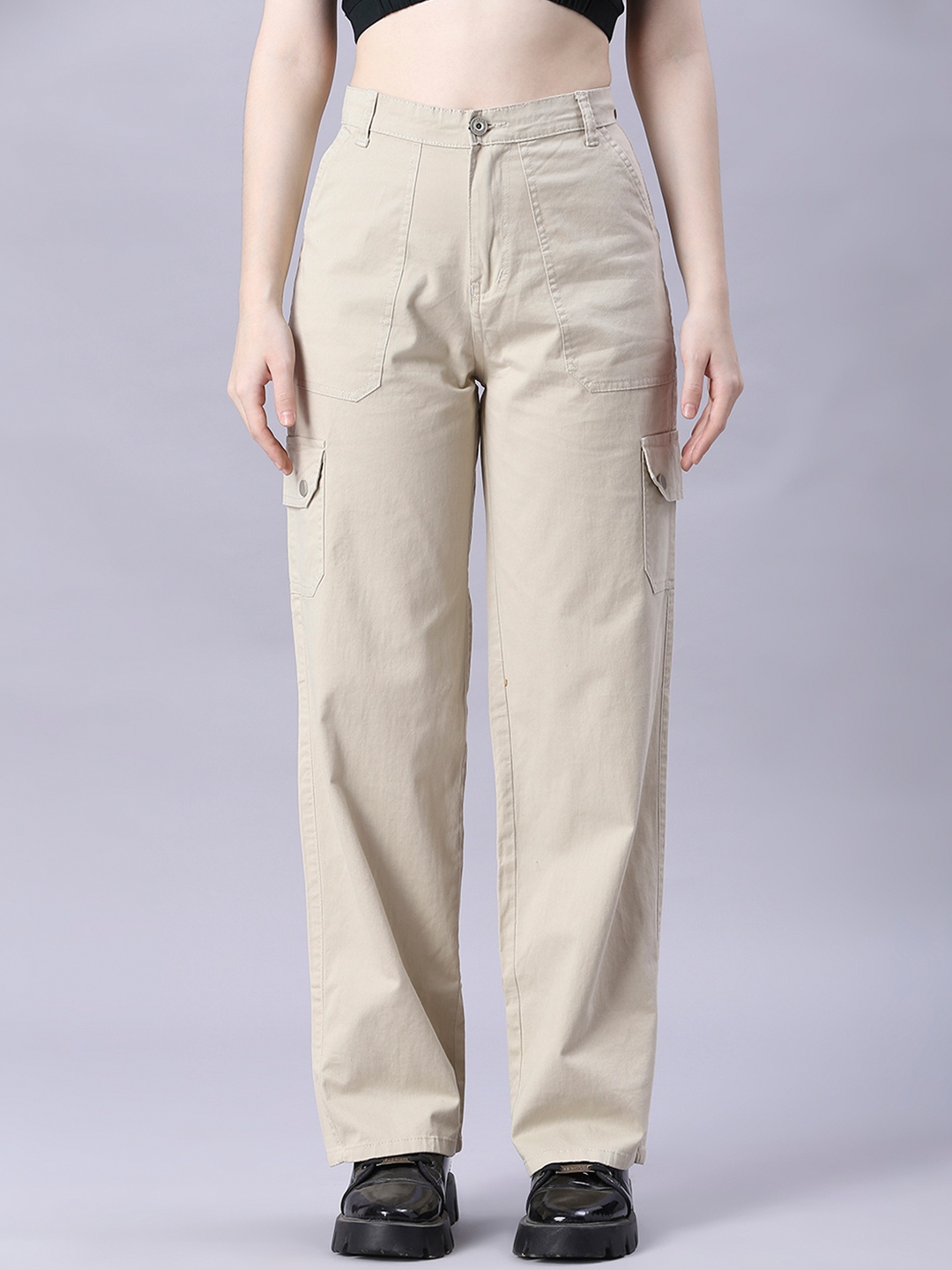 

The Roadster Lifestyle Co High Waist Straight Fit Cargo Cotton Jeans, Khaki