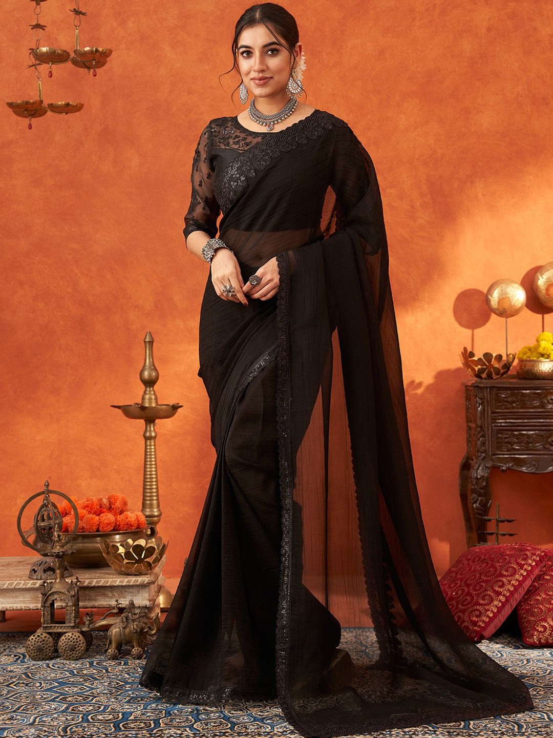

Anouk Sequinned Embellished Saree Party Wear Saree With Blouse Piece, Black