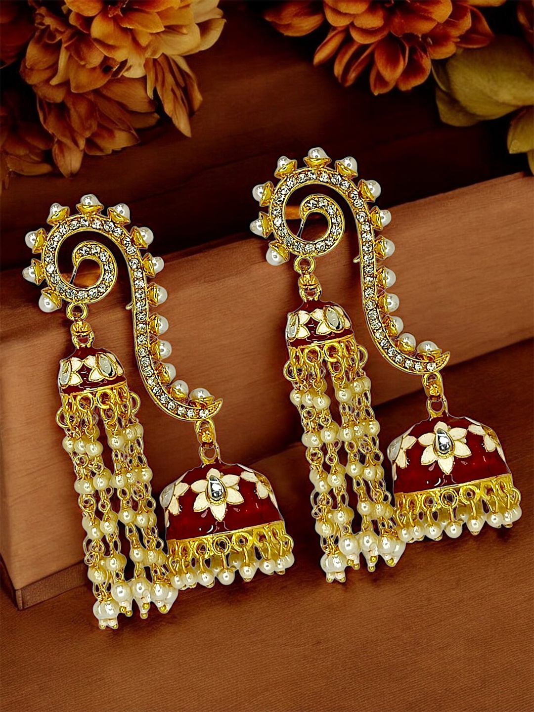 

9blings Gold Plated Beaded Dome Shaped Drop Earrings, Maroon