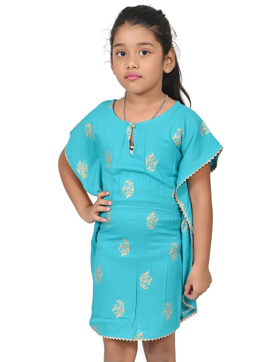 

Cloth Bites Girls Floral Printed Keyhole Neck Top, Turquoise blue