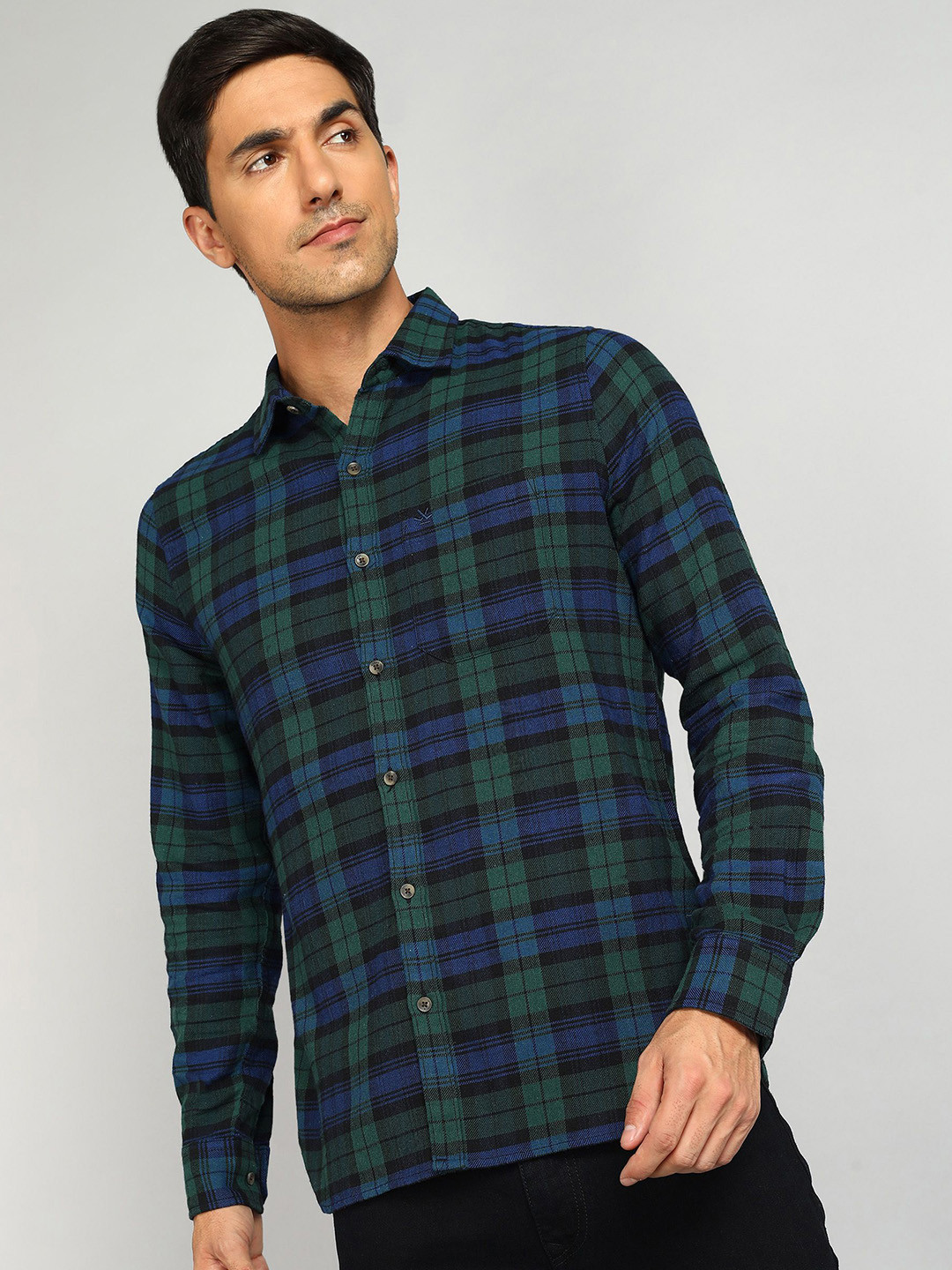 

WROGN Men Spread Collar Tartan Checked Cotton Casual Shirt, Green