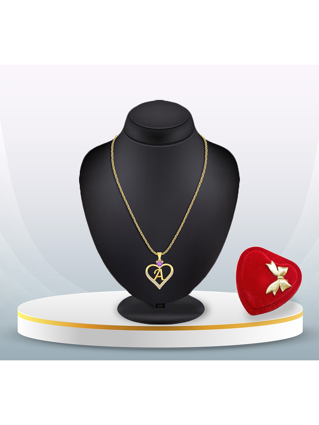 

Heer Collection Gold-Plated CZ Studded Alphabet 'A' Heart Shaped Pendant & Chain