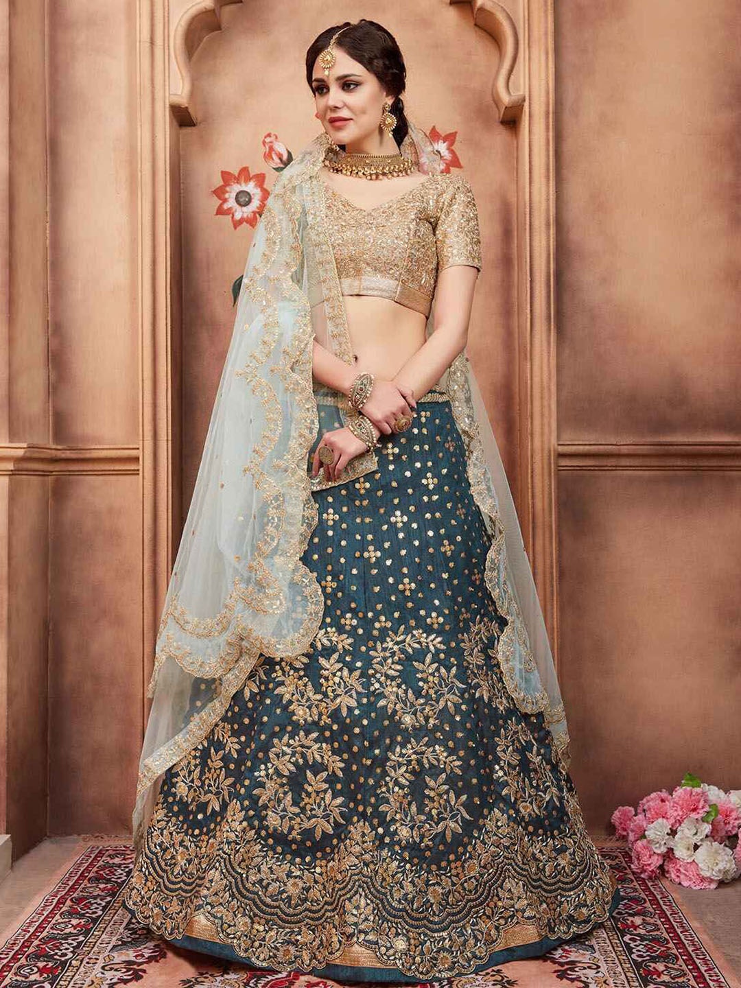 

ODETTE Embroidered Semi-Stitched Lehenga & Blouse With Dupatta, Grey