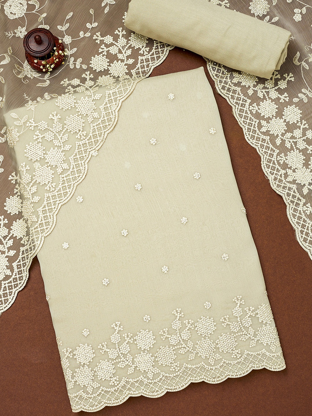 

Soch Women Embroidered Silk Chiffon Unstitched Dress Material, Olive
