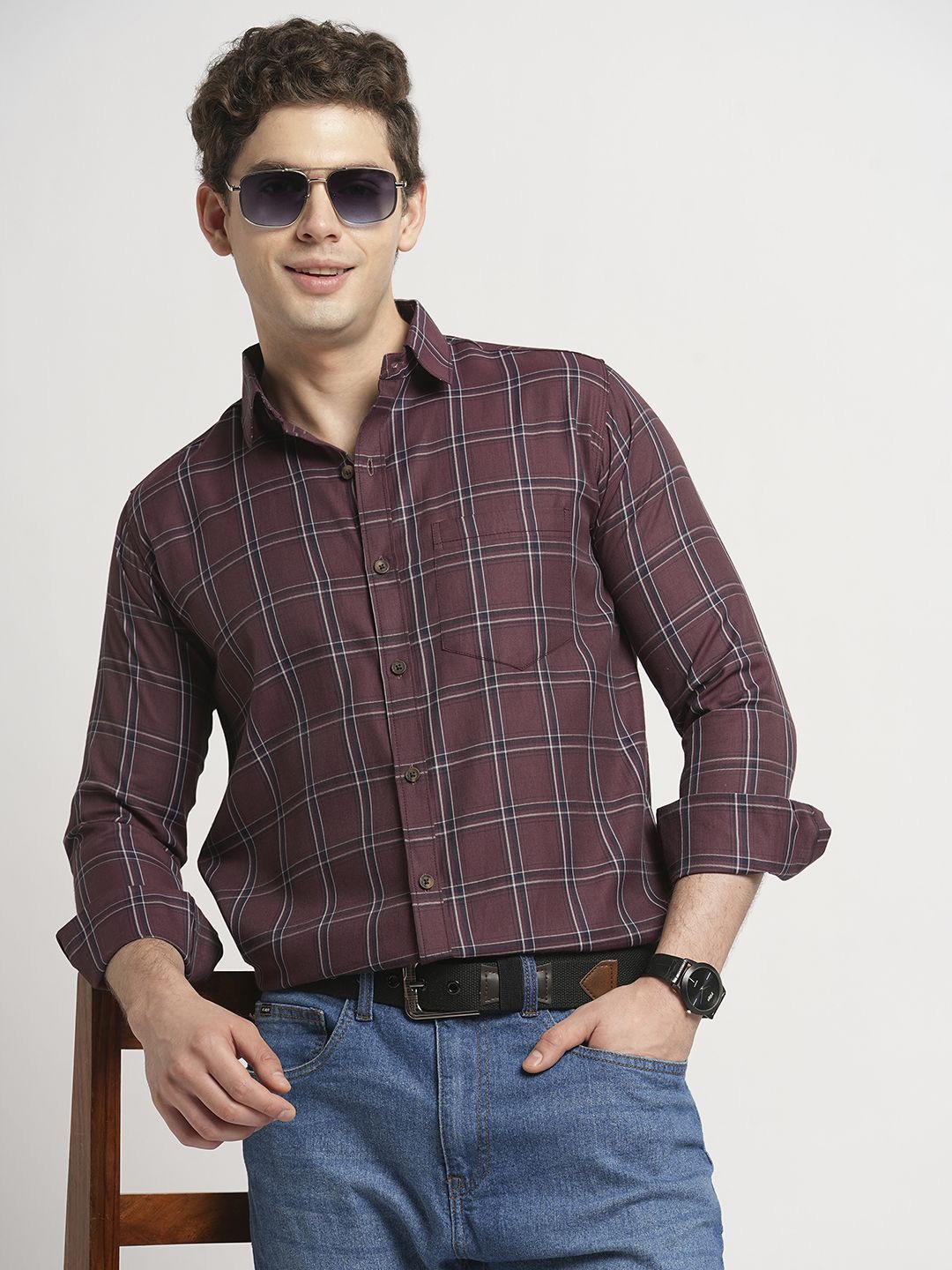 

TRYBUY.IN Men Standard Spread Collar Windowpane Checked Cotton Casual Shirt, Brown