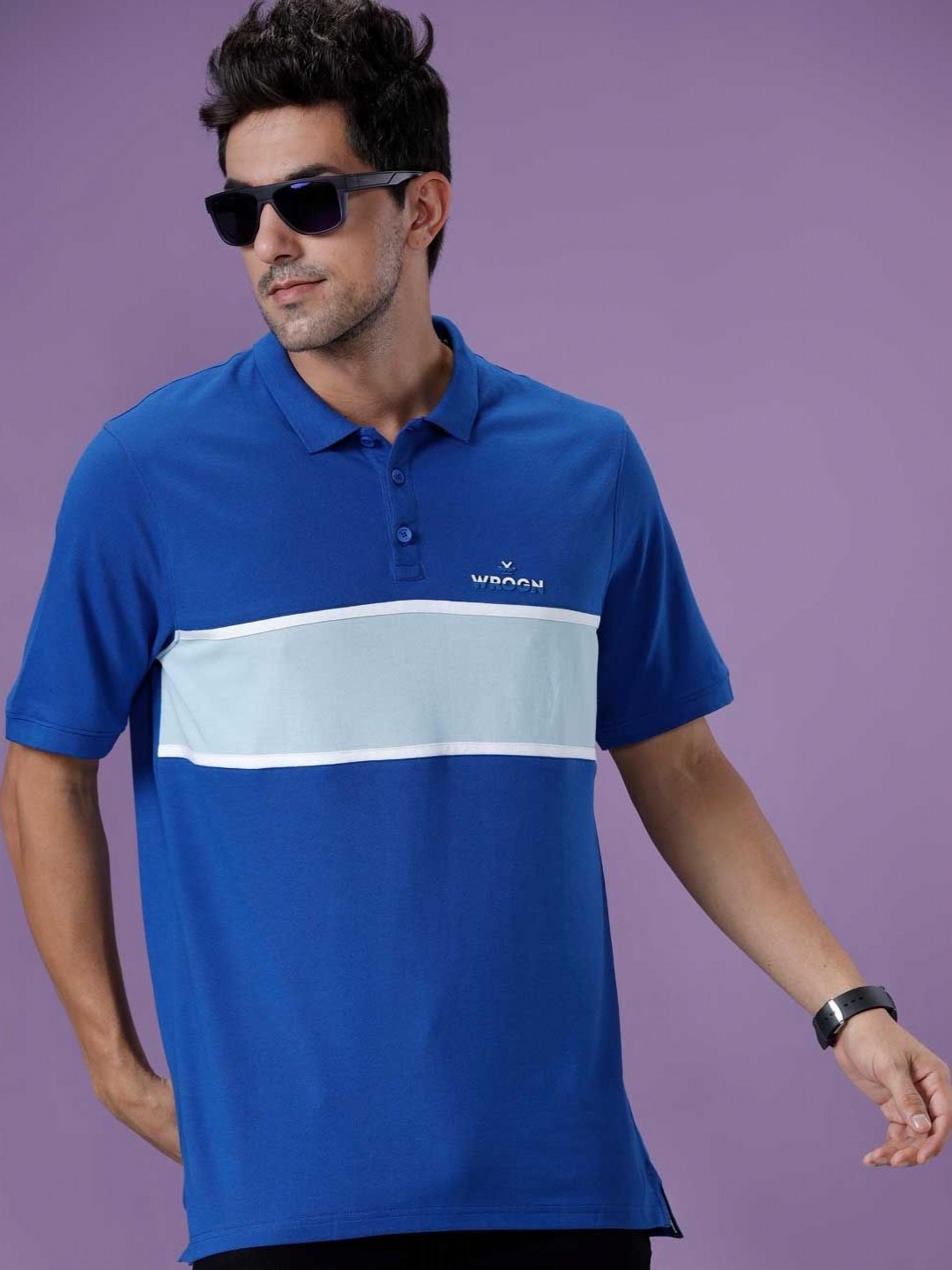 

WROGN Men Colourblocked Polo Collar Cotton T-shirt, Navy blue