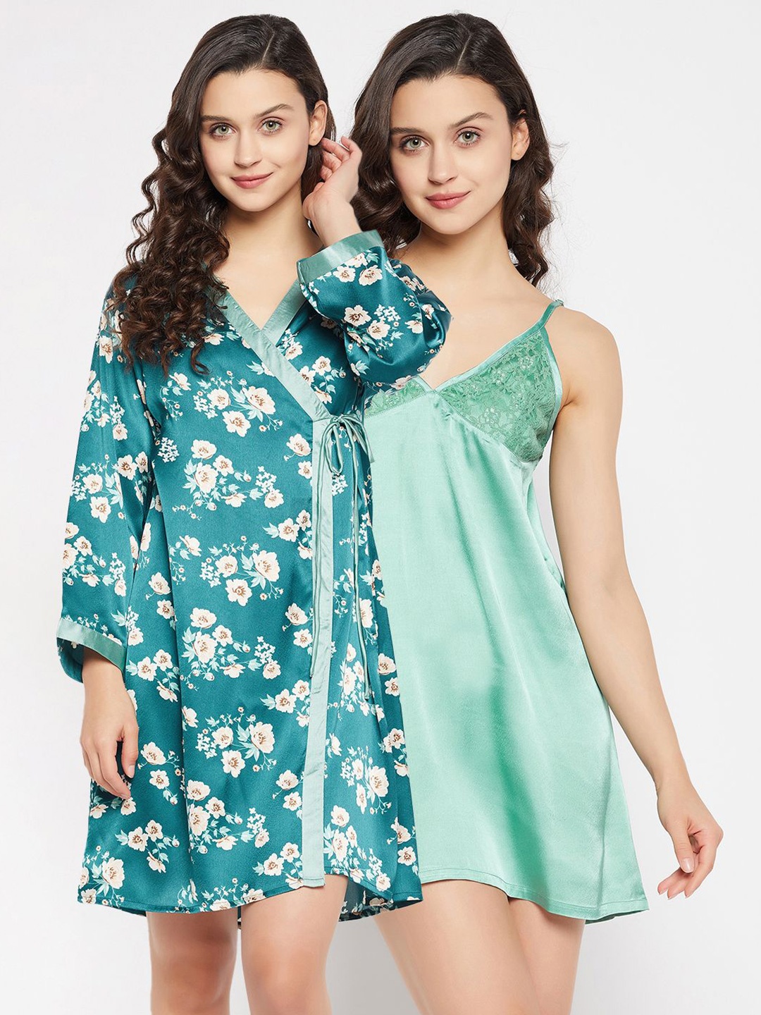 

Clovia Satin Printed Short Night Dress & Robe, Teal