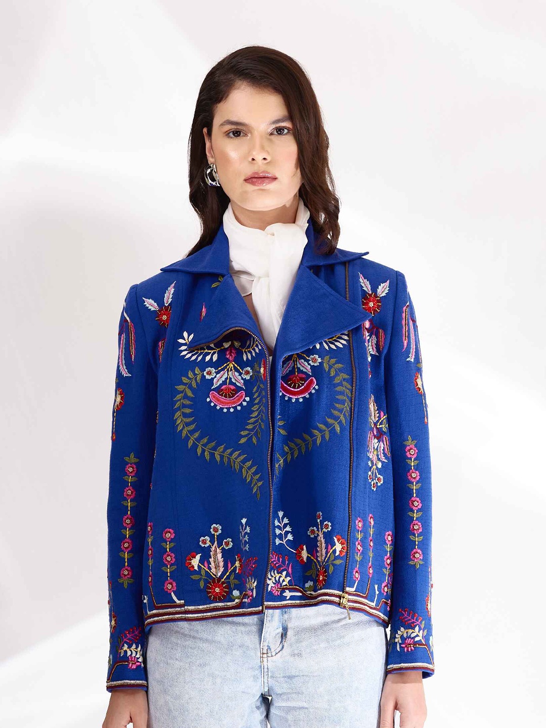 

BETRUE Women Floral Embroidered Cotton Biker Jacket, Blue