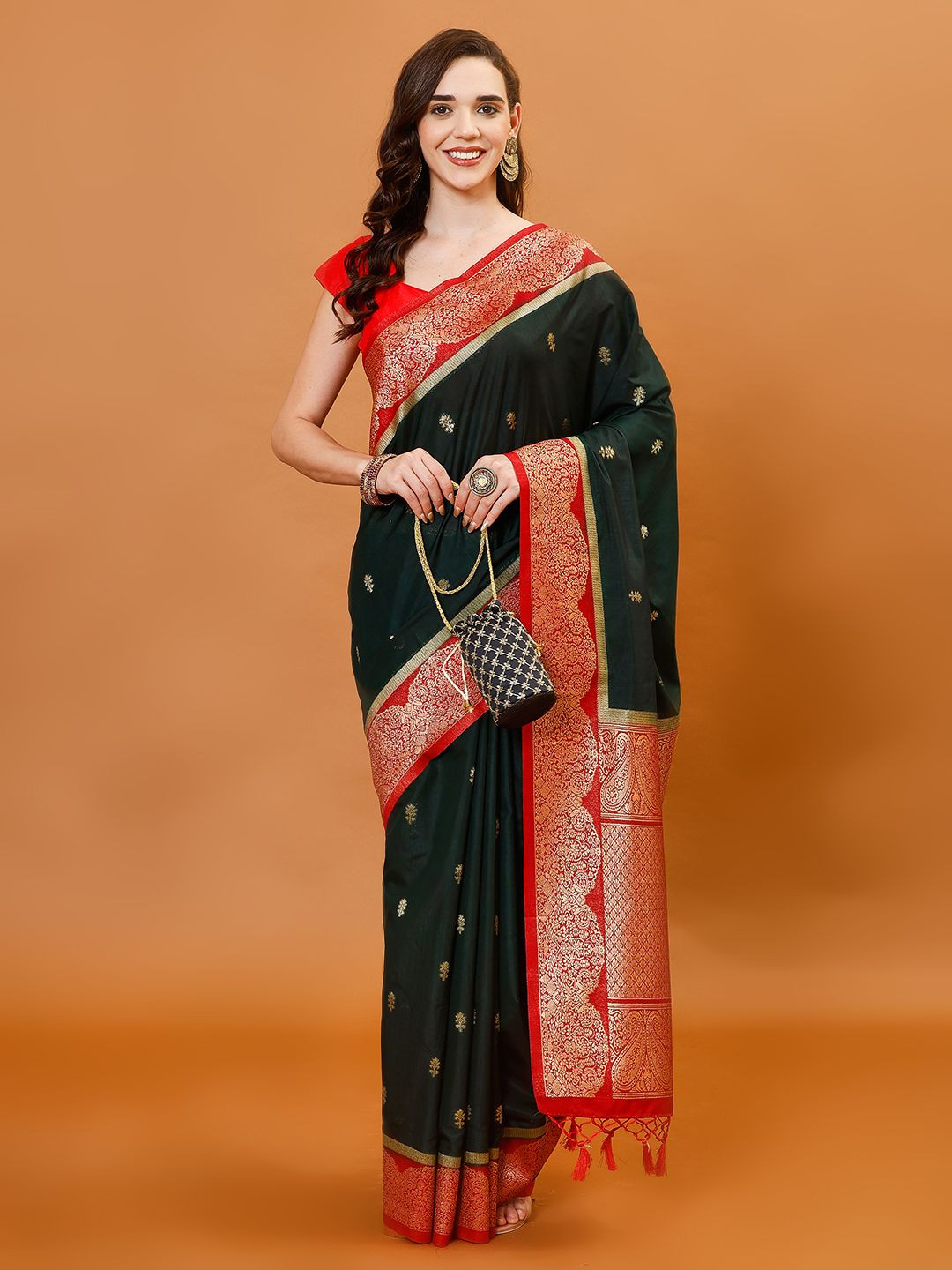 

Meena Bazaar Ethnic Motifs Woven Design Zari Saree, Green