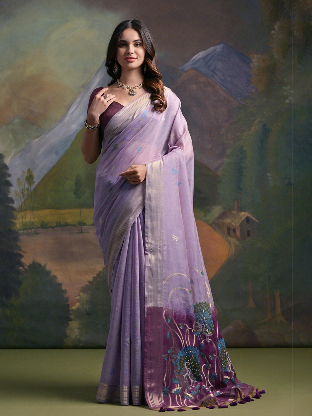 

AWRIYA Woven Design Zari Pure Cotton Saree, Lavender