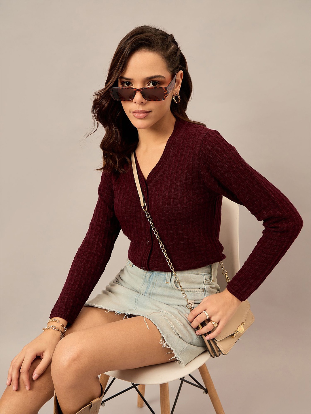 

The Roadster Lifestyle Co. Women Cable Knit V-Neck Cardigan Sweater, Maroon