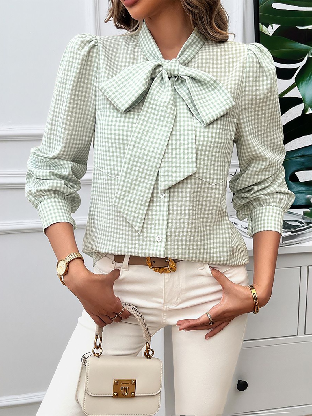 

StyleCast Women Checked Tie-Up Neck Top, Green