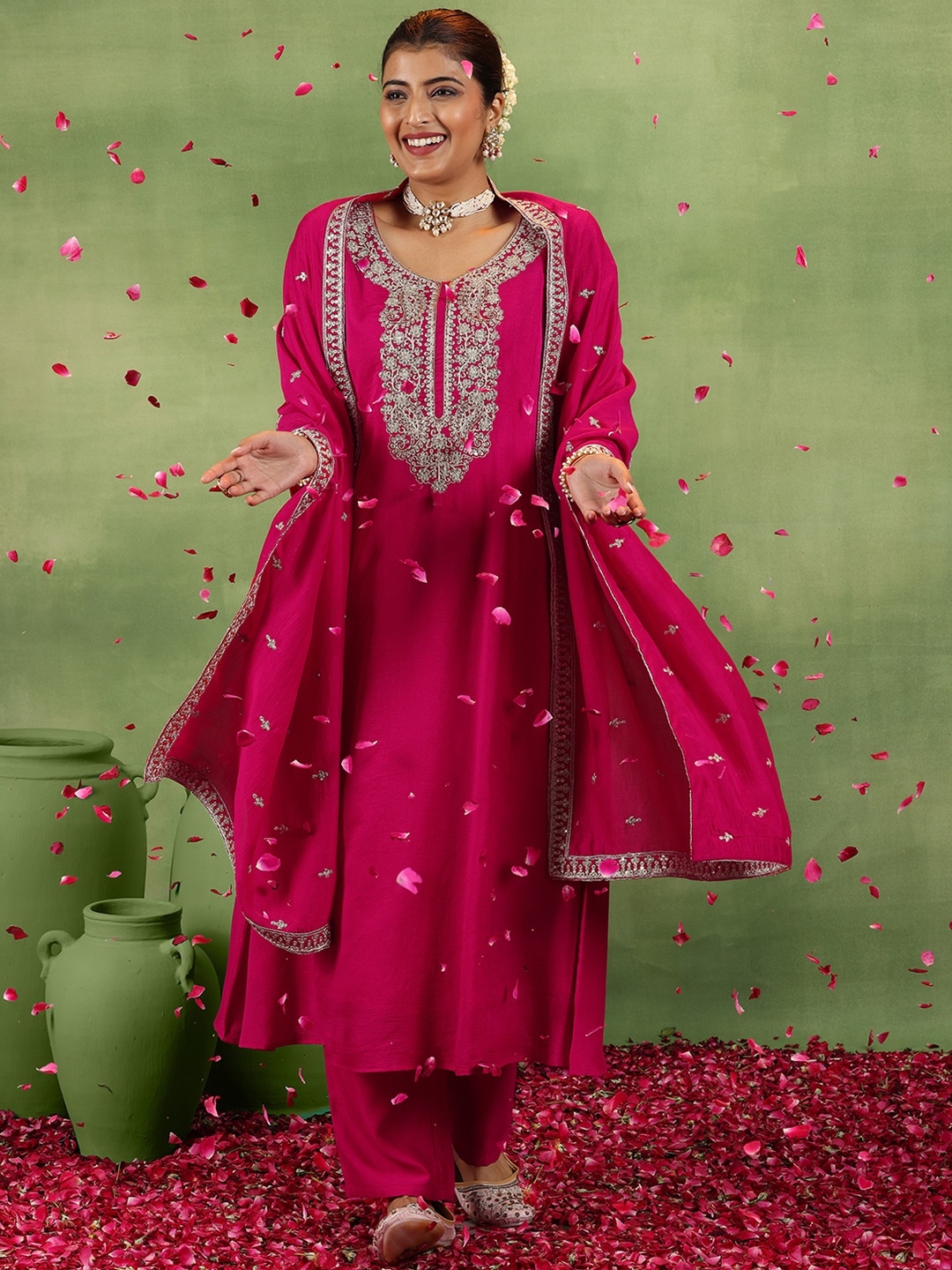 

Libas Floral Embroidered Scoop Neck A-Line Kurta With Trousers & Dupatta, Pink