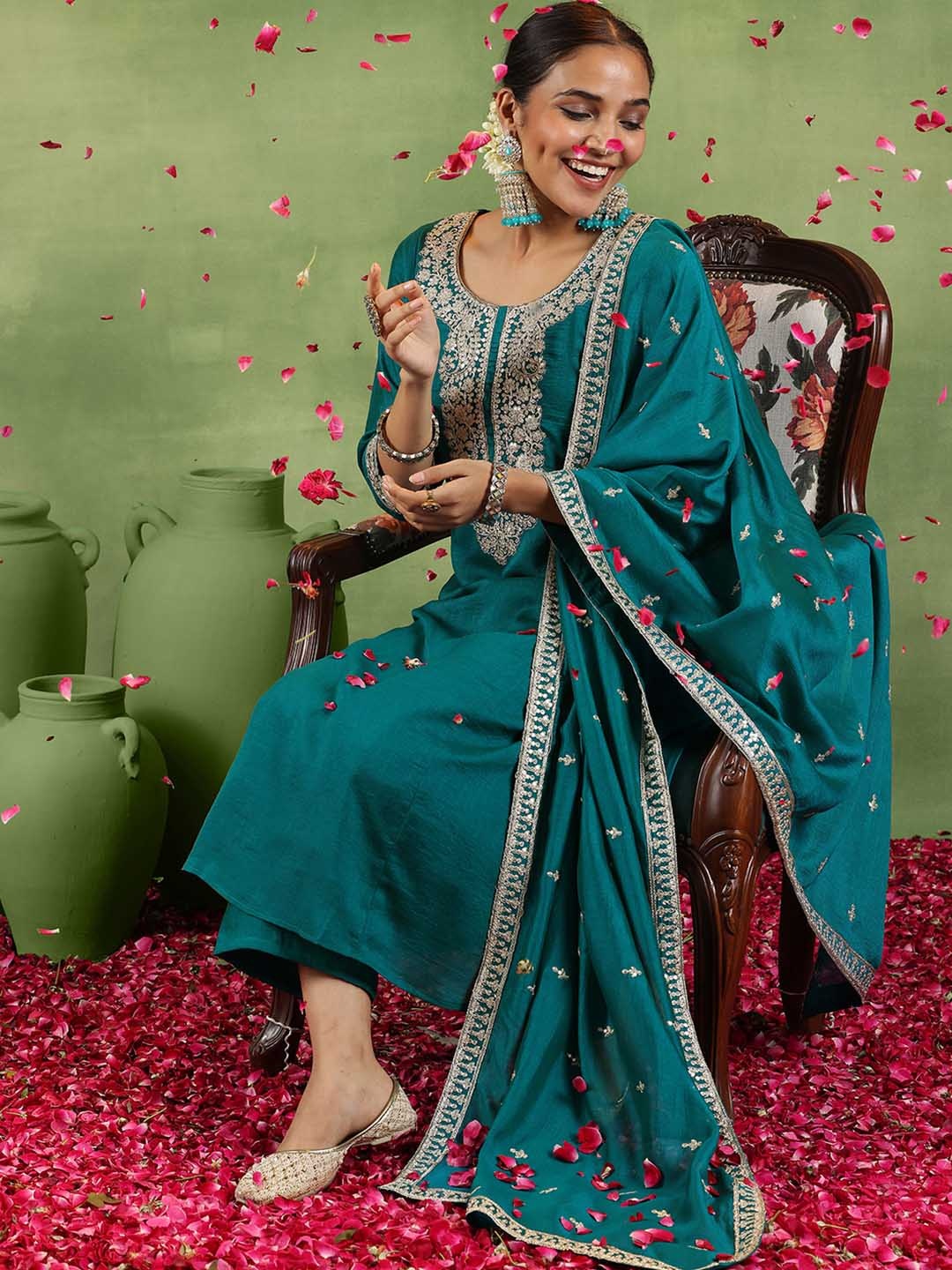 

Libas Floral Embroidered Zari Straight Kurta With Trousers & Dupatta, Green