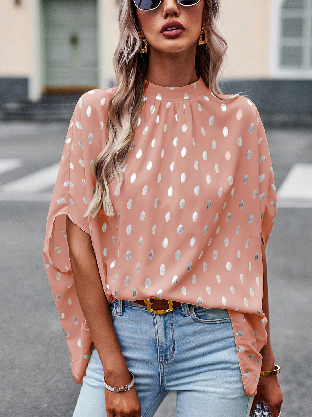 

StyleCast Women Polka Dots Printed High Neck Top, Pink