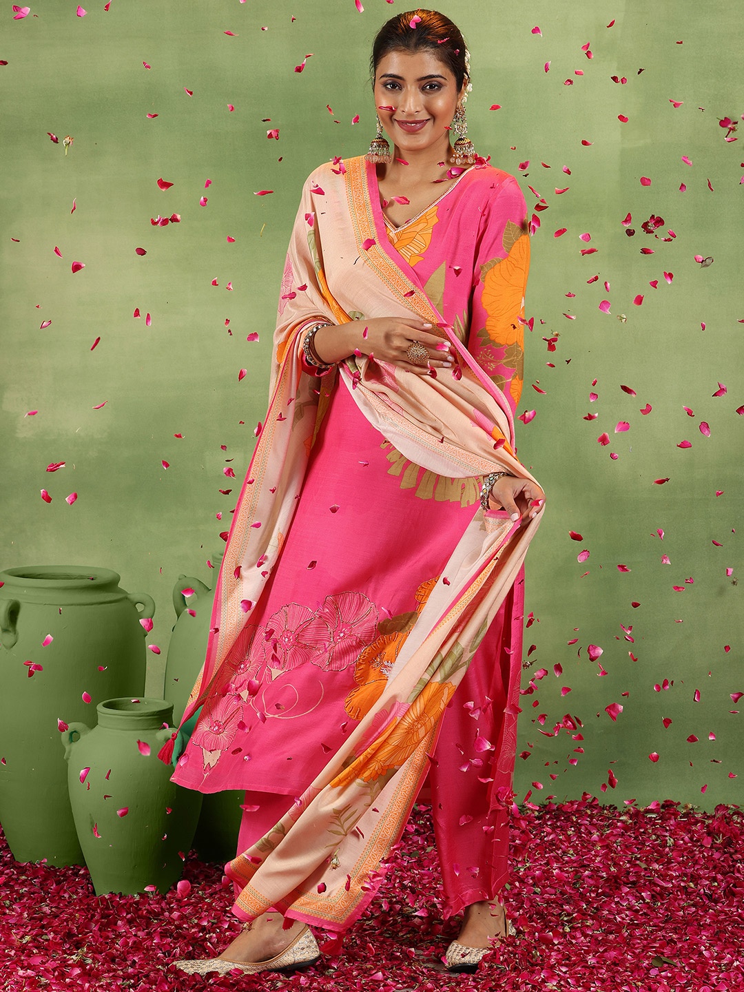 

Libas Floral Printed V-Neck Beads and Stones Straight Kurta With Trousers & Dupatta, Pink