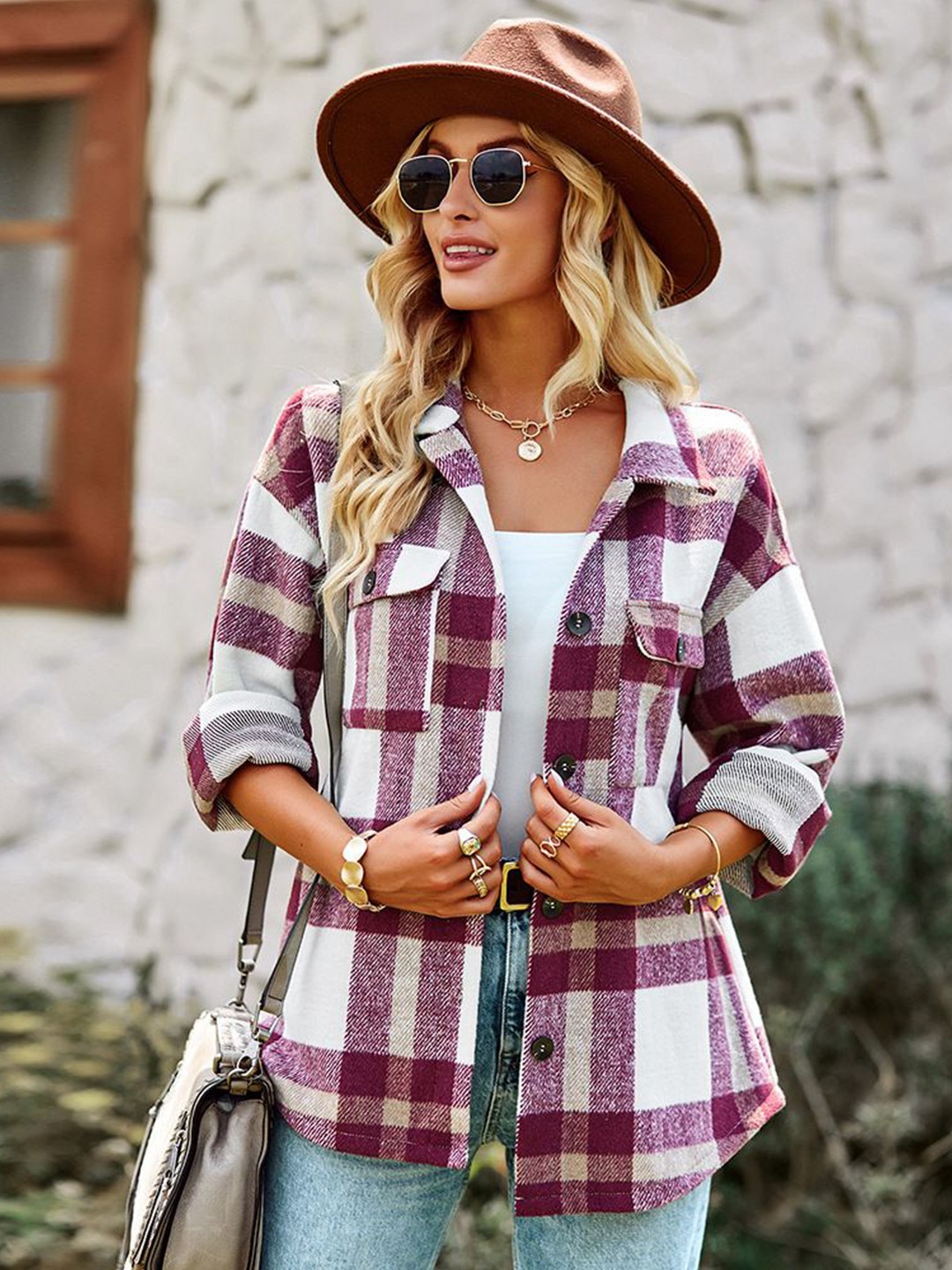 

StyleCast Women Checked Shirt Collar Top, Maroon