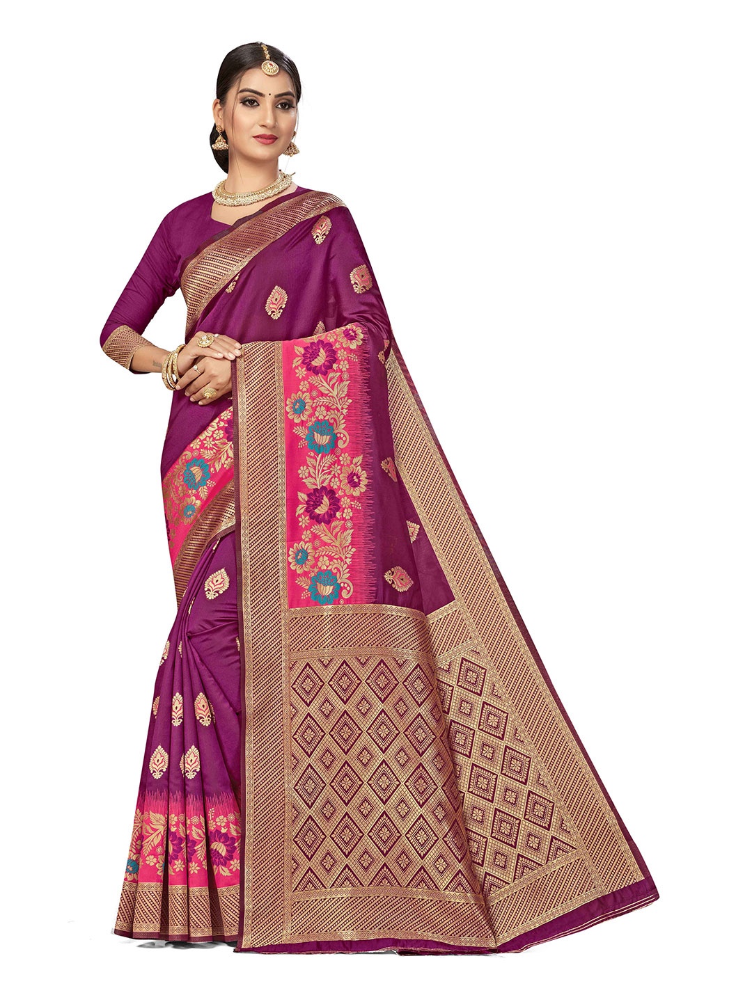 

Maroosh Floral Zari Silk Blend Fusion Banarasi Saree, Purple