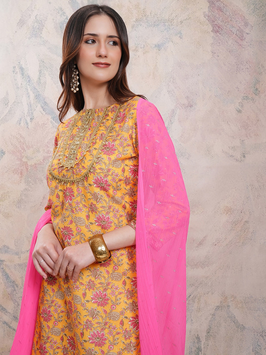 

Vishudh Floral Printed Staright Kurta With Sharara & Dupatta, Mustard