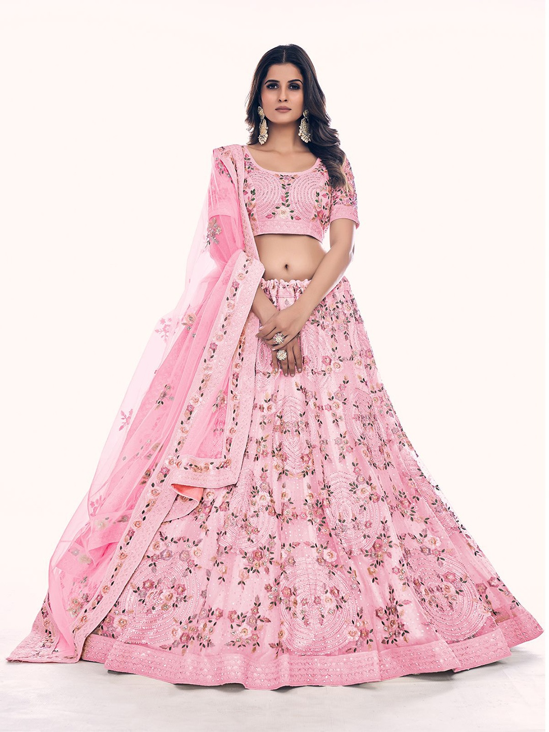 

ODETTE Floral Embroidered Net Semi-Stitched Lehenga & Blouse With Dupatta, Pink