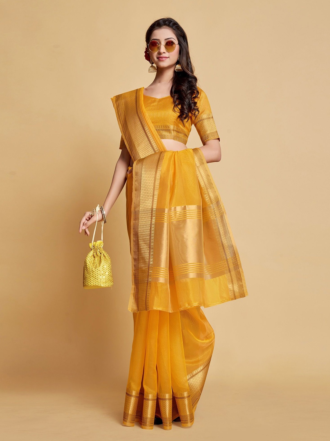 

MAHALASA Zari Organza Saree with Unstitched Blouse, Yellow