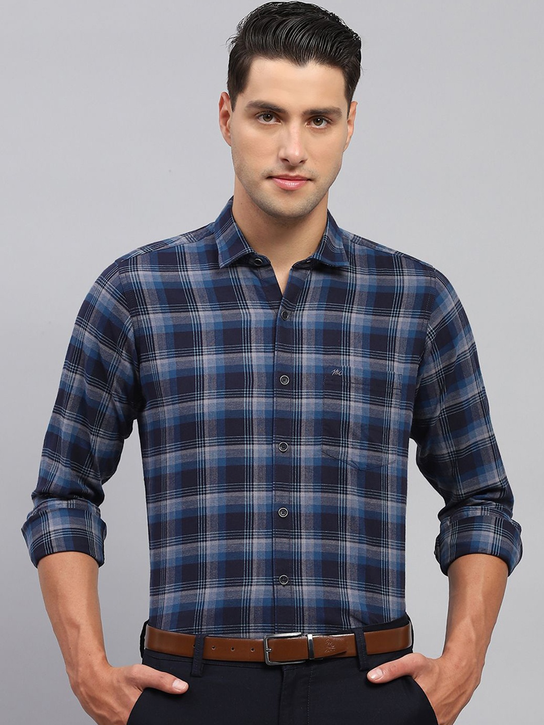

Monte Carlo Men Spread Collar Tartan Checked Cotton Casual Shirt, Navy blue