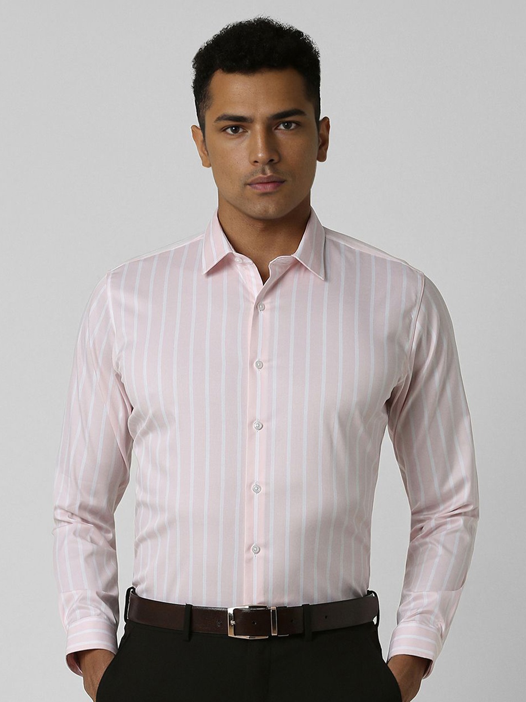 

Van Heusen Men Spread Collar Vertical Striped Cotton Slim Fit Formal Shirt, Pink