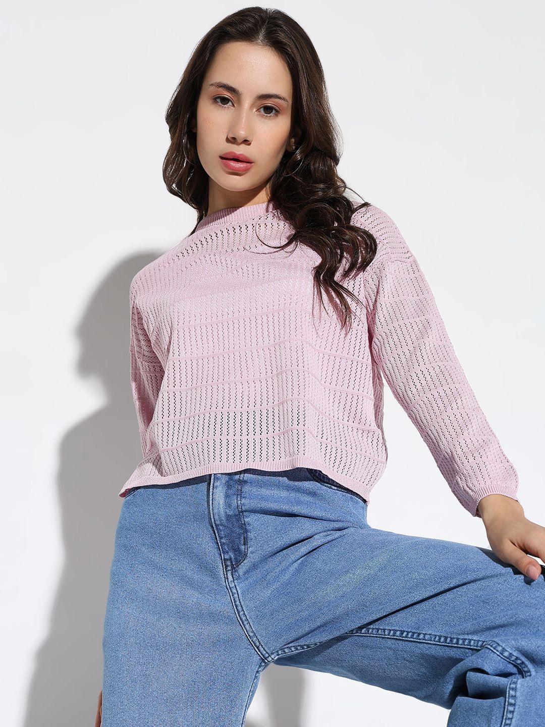 

SHOWOFF Women Self Design Round Neck Acrylic Top, Pink