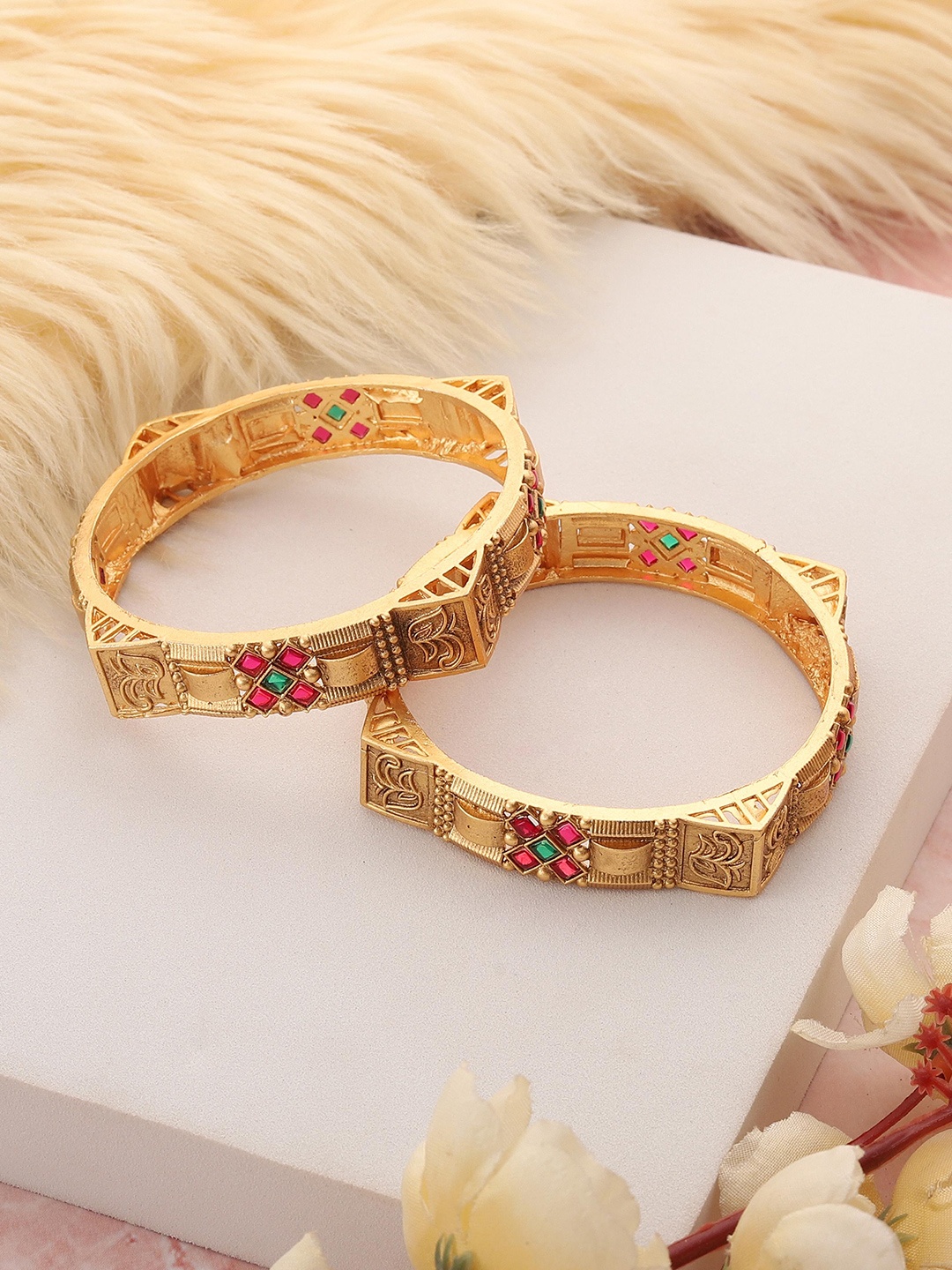 

Styled Diva Set of 2 Gold-Plated Stone-Studded Bangles