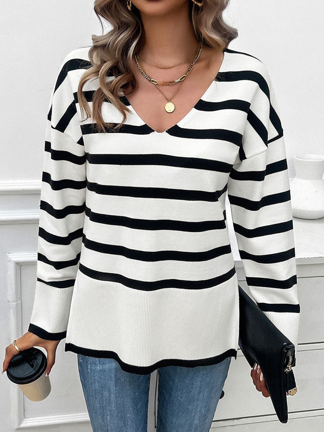 

StyleCast Women Striped V-Neck Pullover Sweater, White