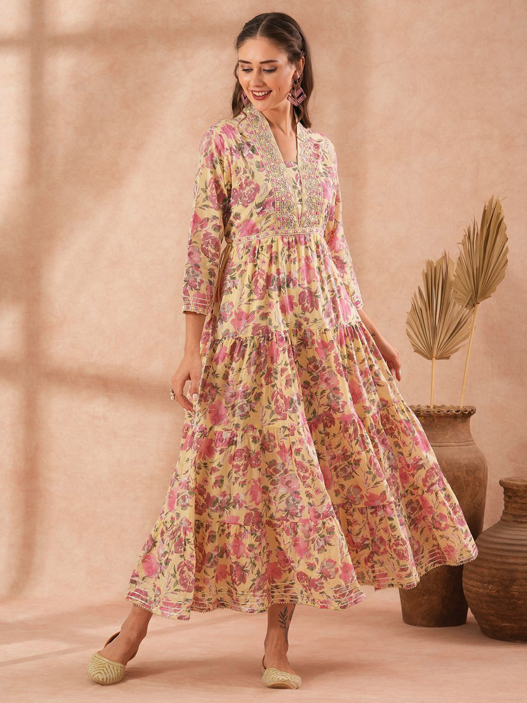 

FASHOR Women Floral Printed Fit and Flare Maxi Dress, Yellow