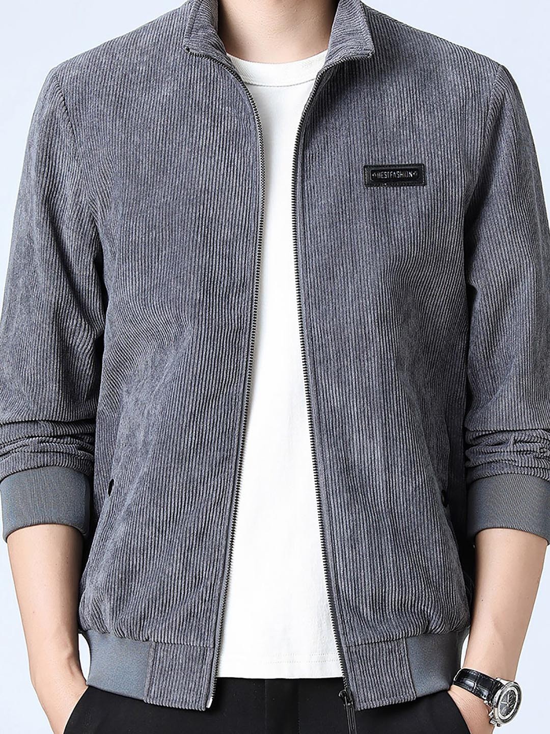 

StyleCast x Revolte Men Self Design Windcheater Mock Collar Tailored Jacket, Grey