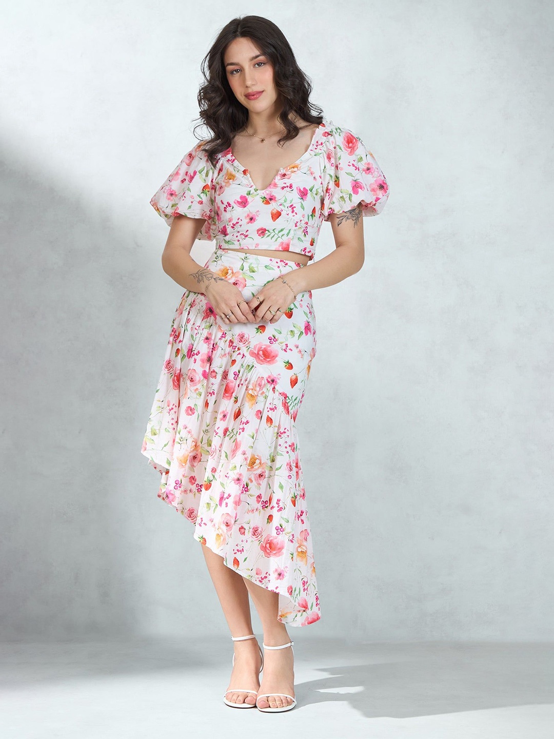 

Virgio Floral Printed Puffed Sleeves Pure Cotton Top With Skirt, White