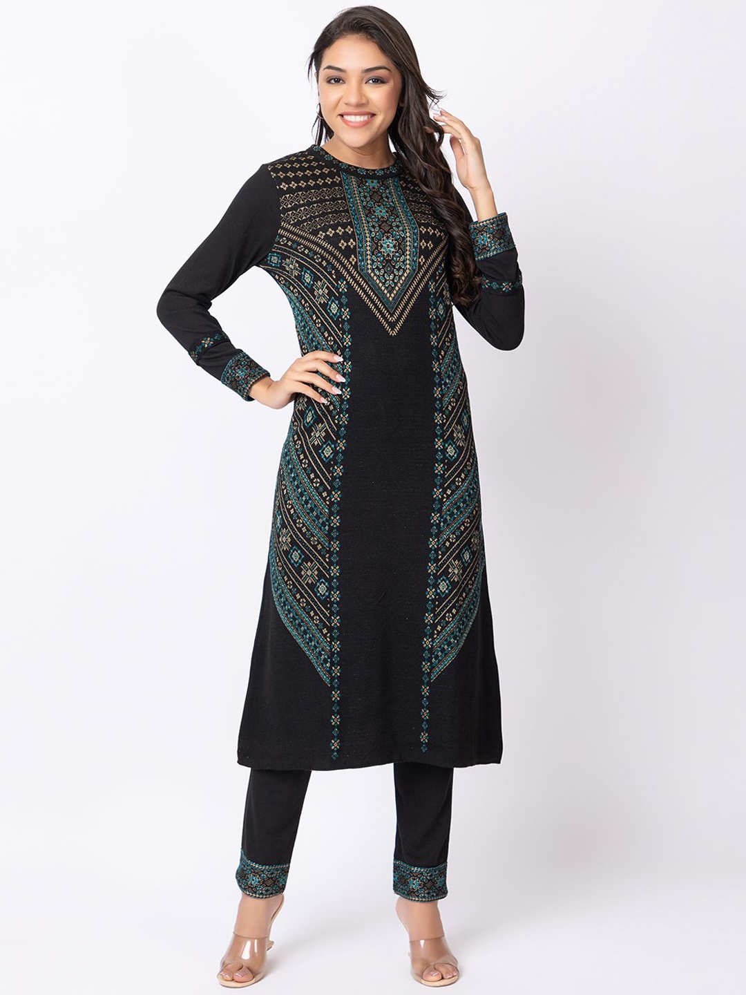 

KEIKO Ethnic Motifs Printed Round Neck A Line Kurta With Trousers, Black