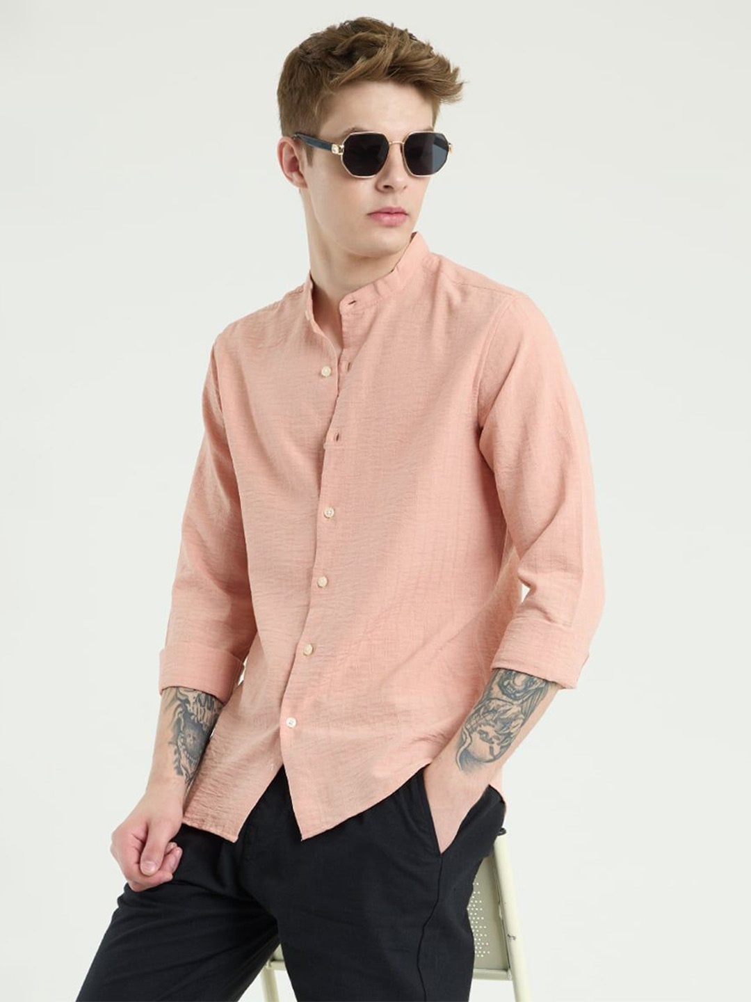 

Snitch Men Smart Band Collar Textured Casual Shirt, Peach